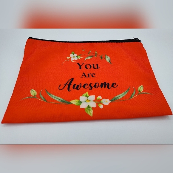 unbranded Handbags - Bright Orange Floral Zipper Pouch | "You Are Awesome" Cosmetic Makeup Bag